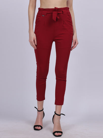 Maroon Solid Narrow Fit Trouser With Attached Fabric Belt