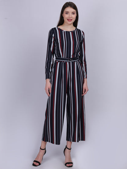 Stripe Print Fashion Jumpsuit With Belt