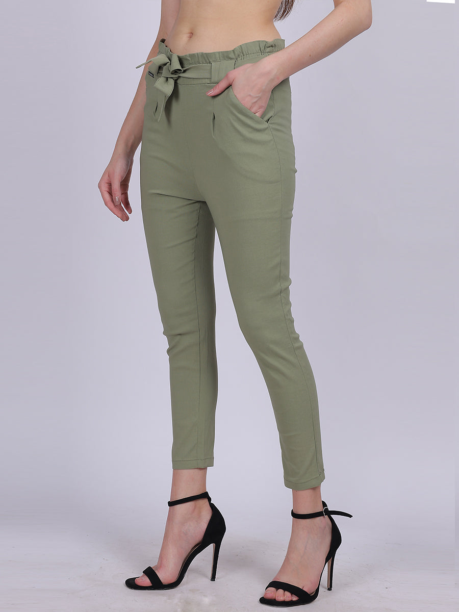 Pista Green Solid Narrow Fit Trouser With Attached Fabric Belt