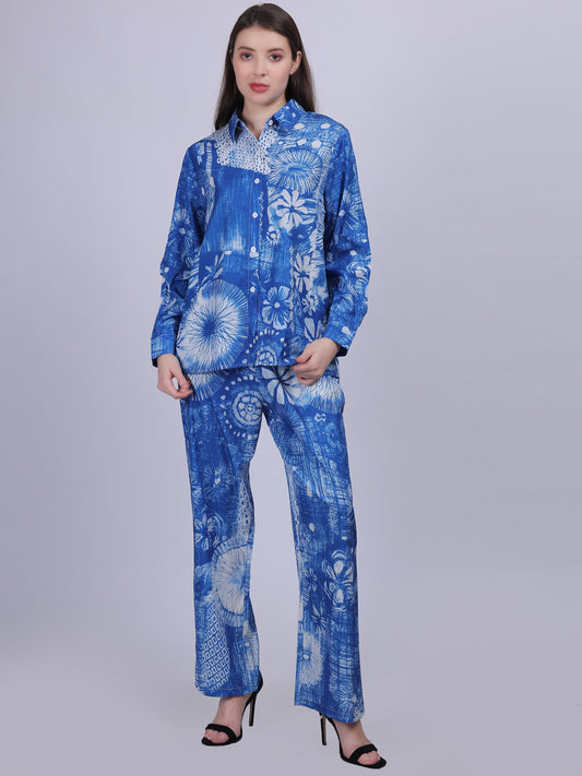 Blue Floral Print Fashion Co-ord-Set With Straight Pants