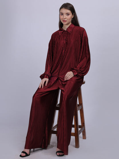 Maroon Pleated Fashion Co-ord Set With Straight Fit Pants