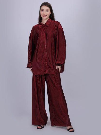 Maroon Pleated Fashion Co-ord Set With Straight Fit Pants