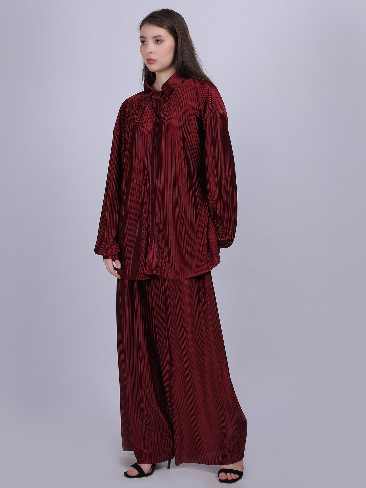 Maroon Pleated Fashion Co-ord Set With Straight Fit Pants