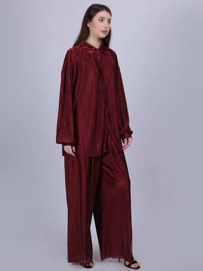 Maroon Pleated Fashion Co-ord Set With Straight Fit Pants