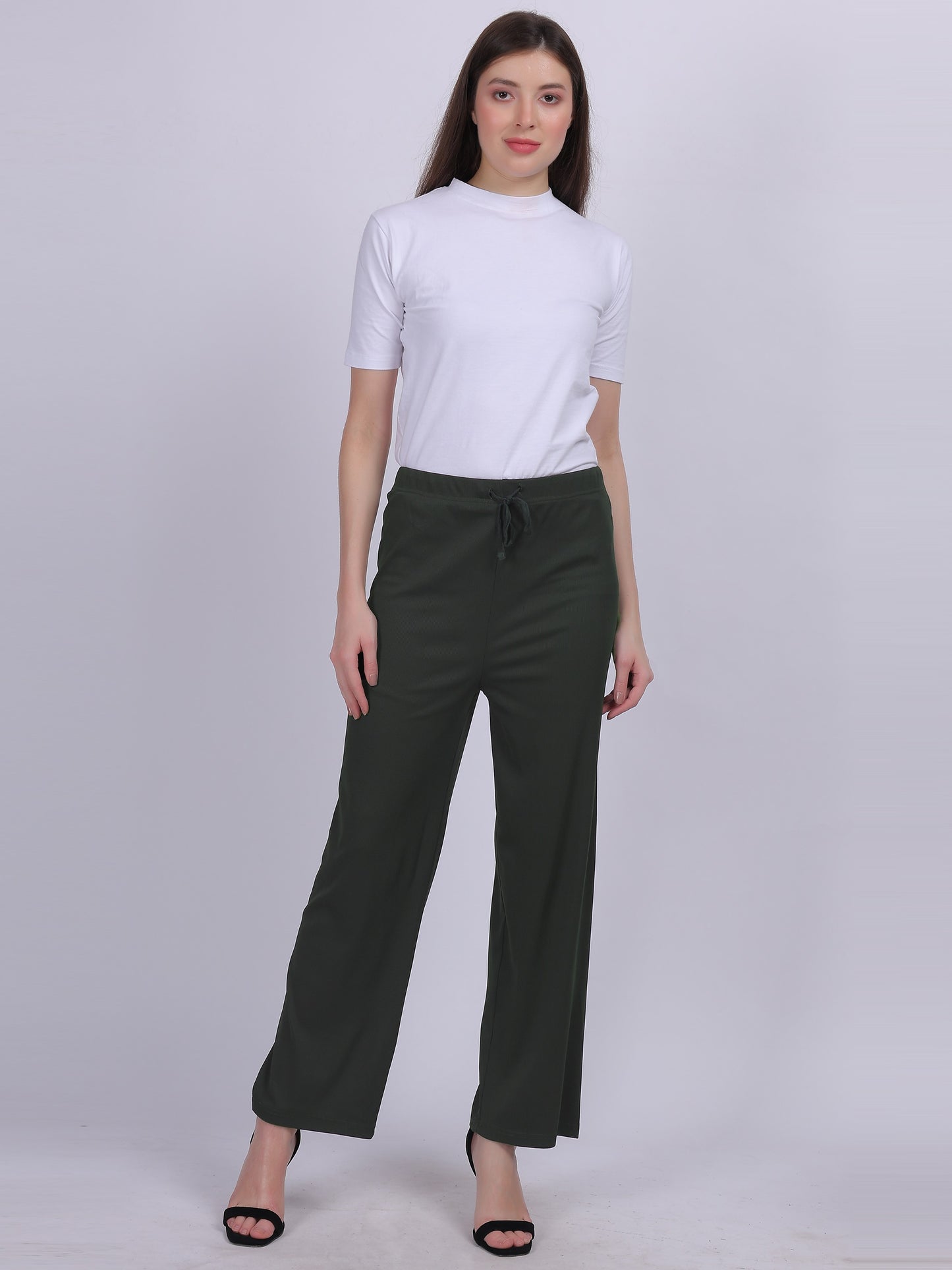 Olive Green Plain Fashion Pleated Straight Fit Pants