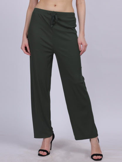 Olive Green Plain Fashion Pleated Straight Fit Pants