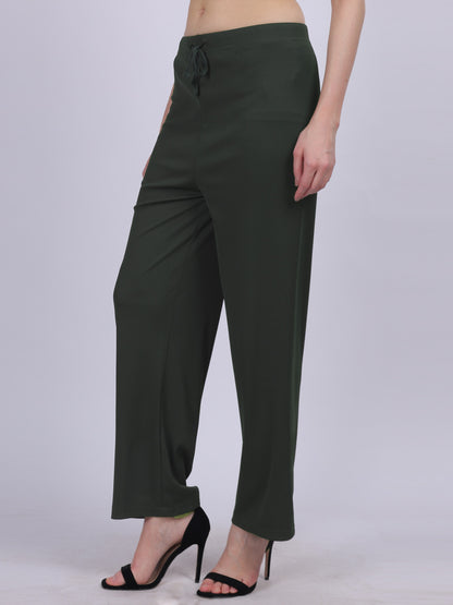 Olive Green Plain Fashion Pleated Straight Fit Pants