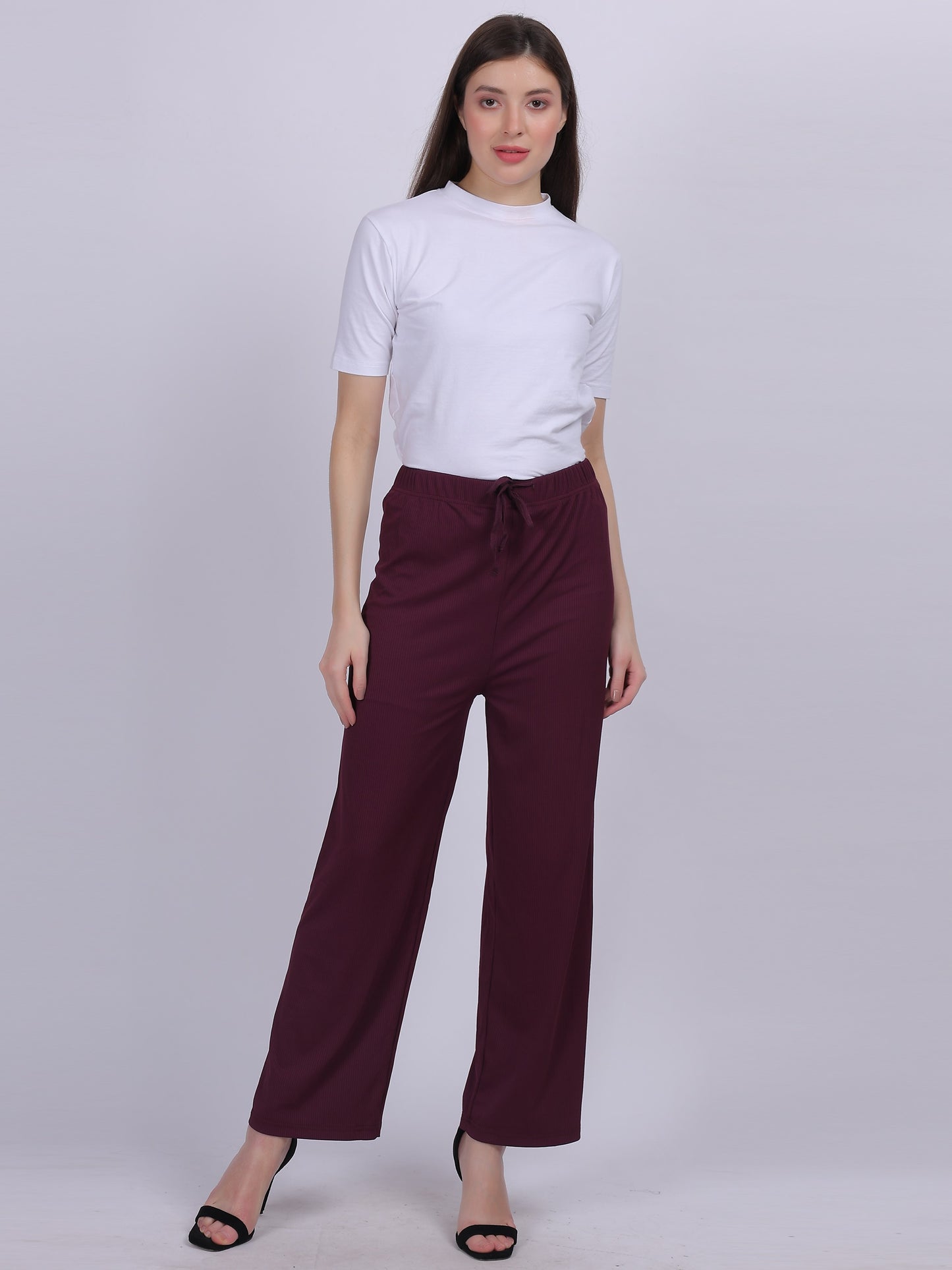 Wine Plain Fashion Pleated Straight Fit Pants