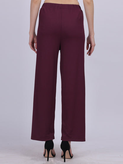 Wine Plain Fashion Pleated Straight Fit Pants