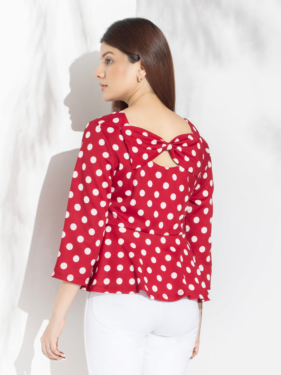 Red Polka Dots Peplum Top With Fashion Knot At Back