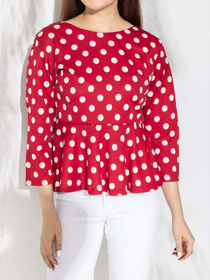 Red Polka Dots Peplum Top With Fashion Knot At Back