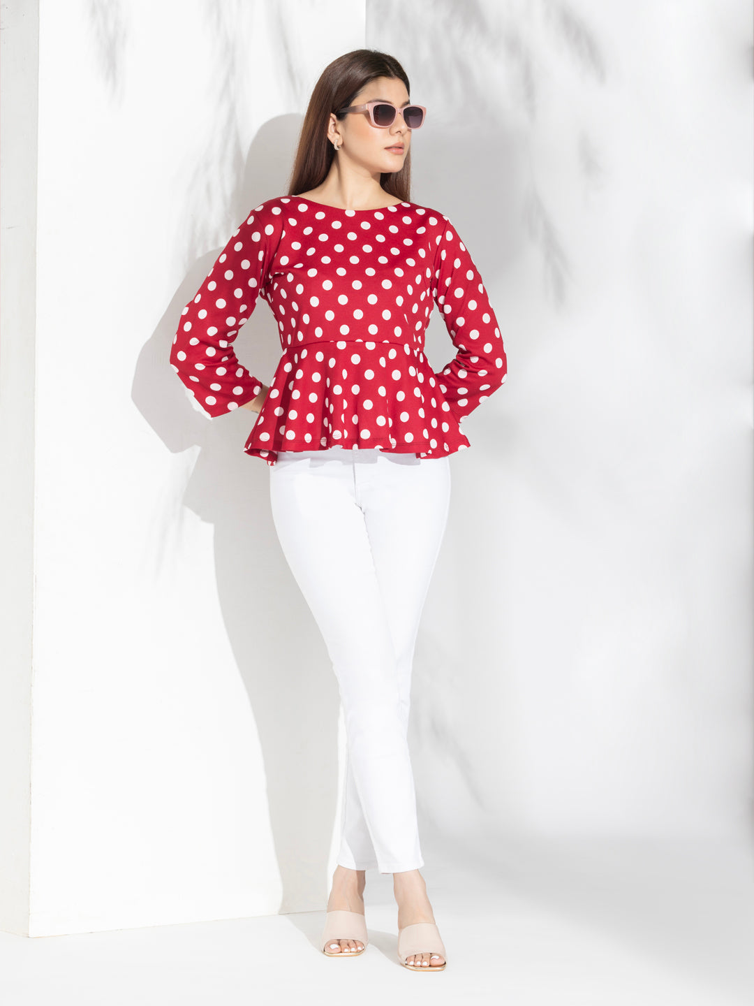 Red Polka Dots Peplum Top With Fashion Knot At Back