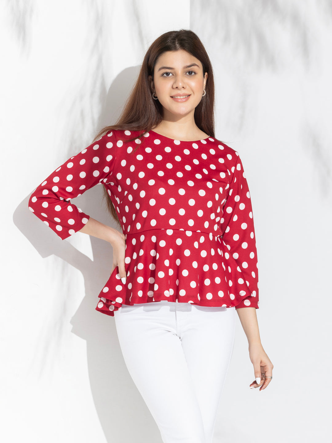 Red Polka Dots Peplum Top With Fashion Knot At Back