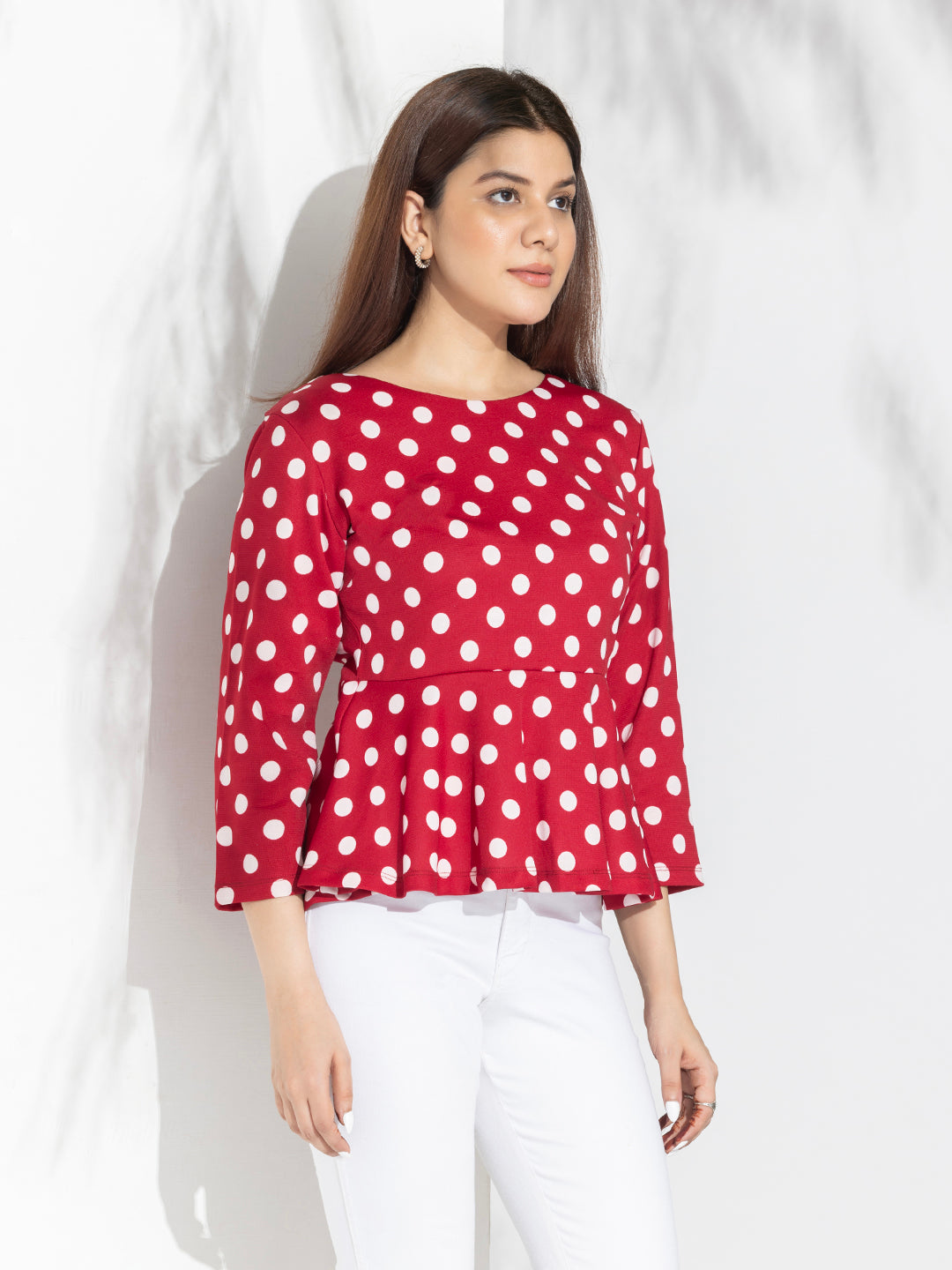 Red Polka Dots Peplum Top With Fashion Knot At Back