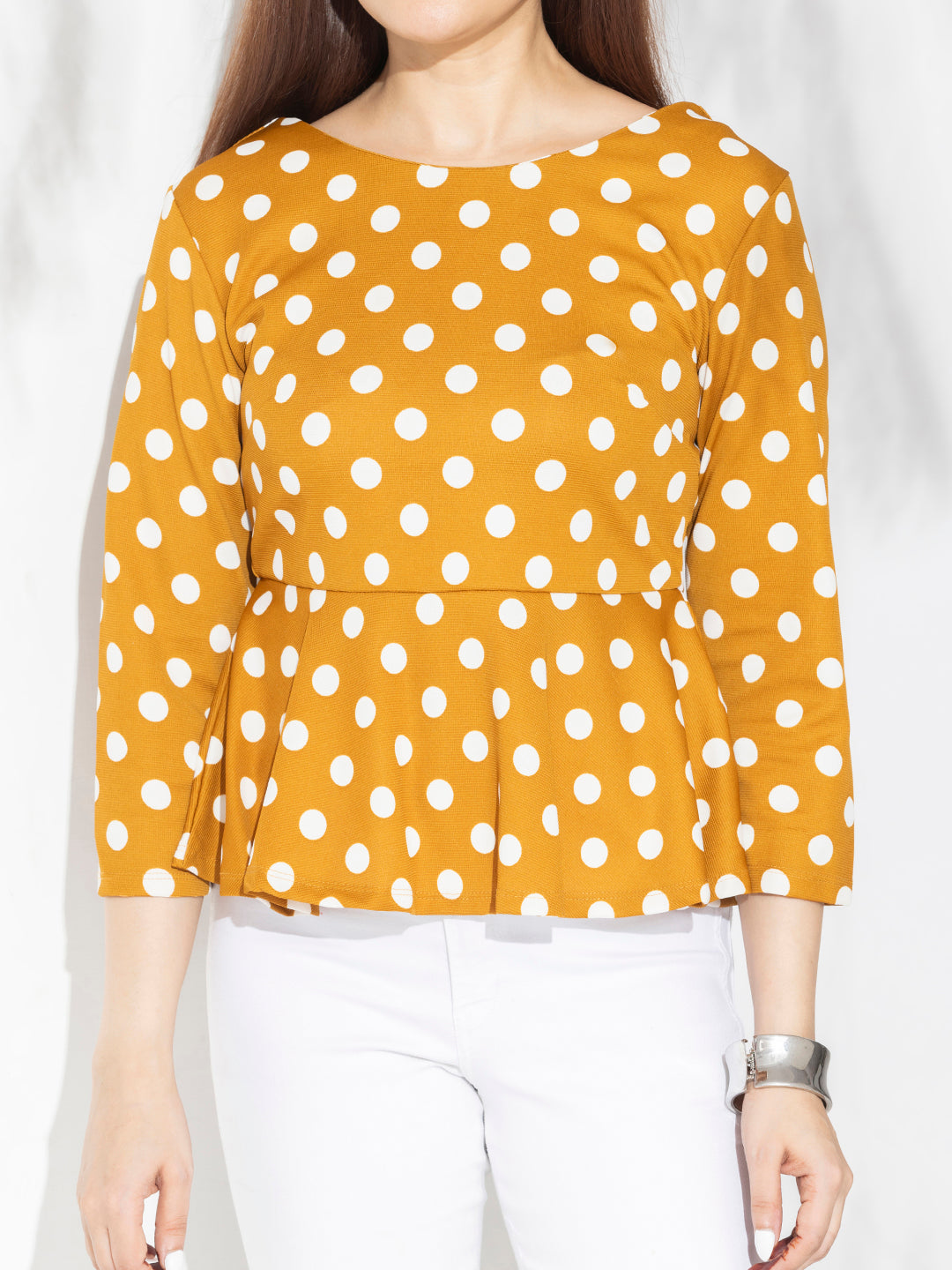 Yellow Polka Dots Peplum Top With Fashion Knot At Back