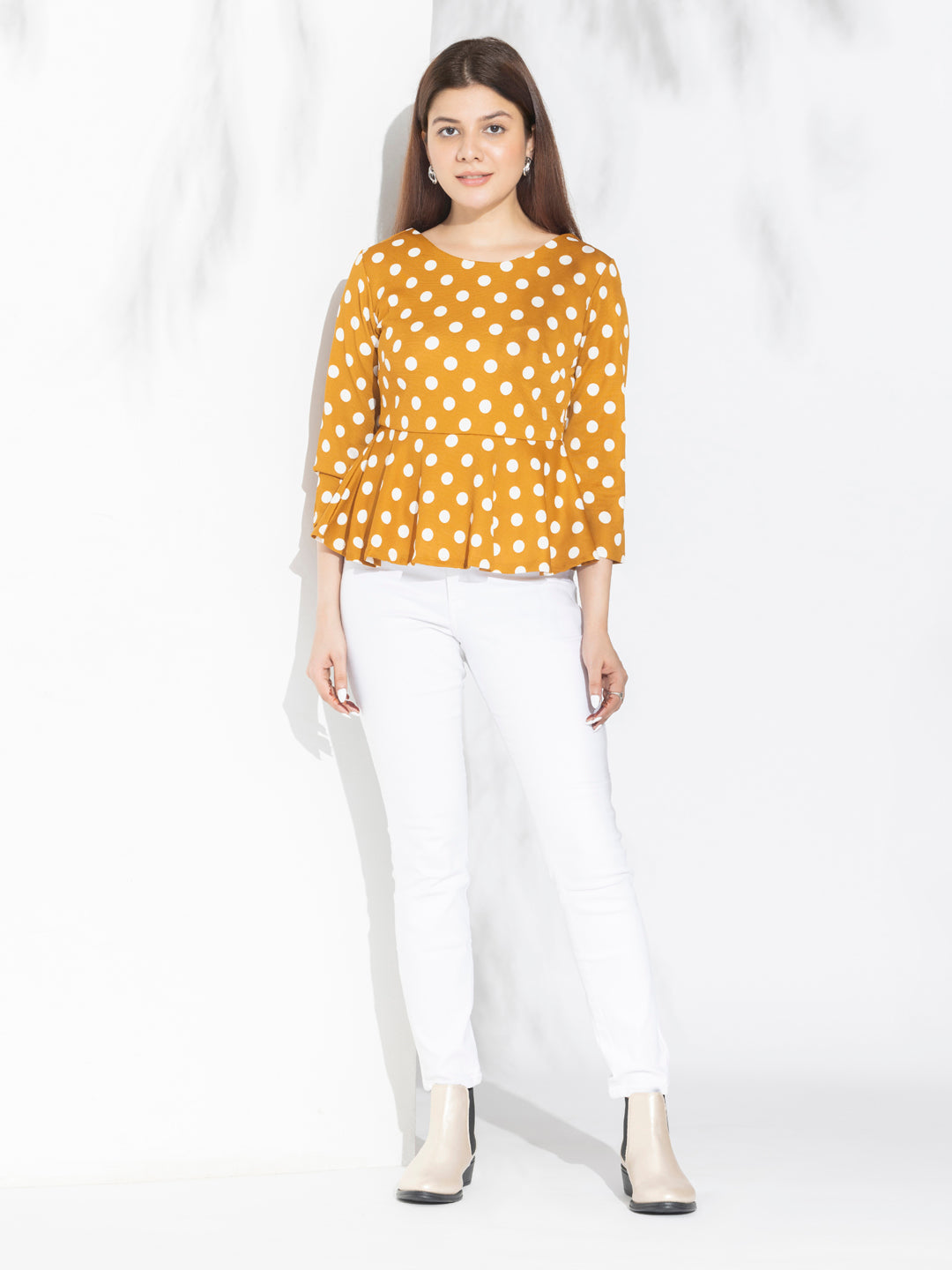 Yellow Polka Dots Peplum Top With Fashion Knot At Back