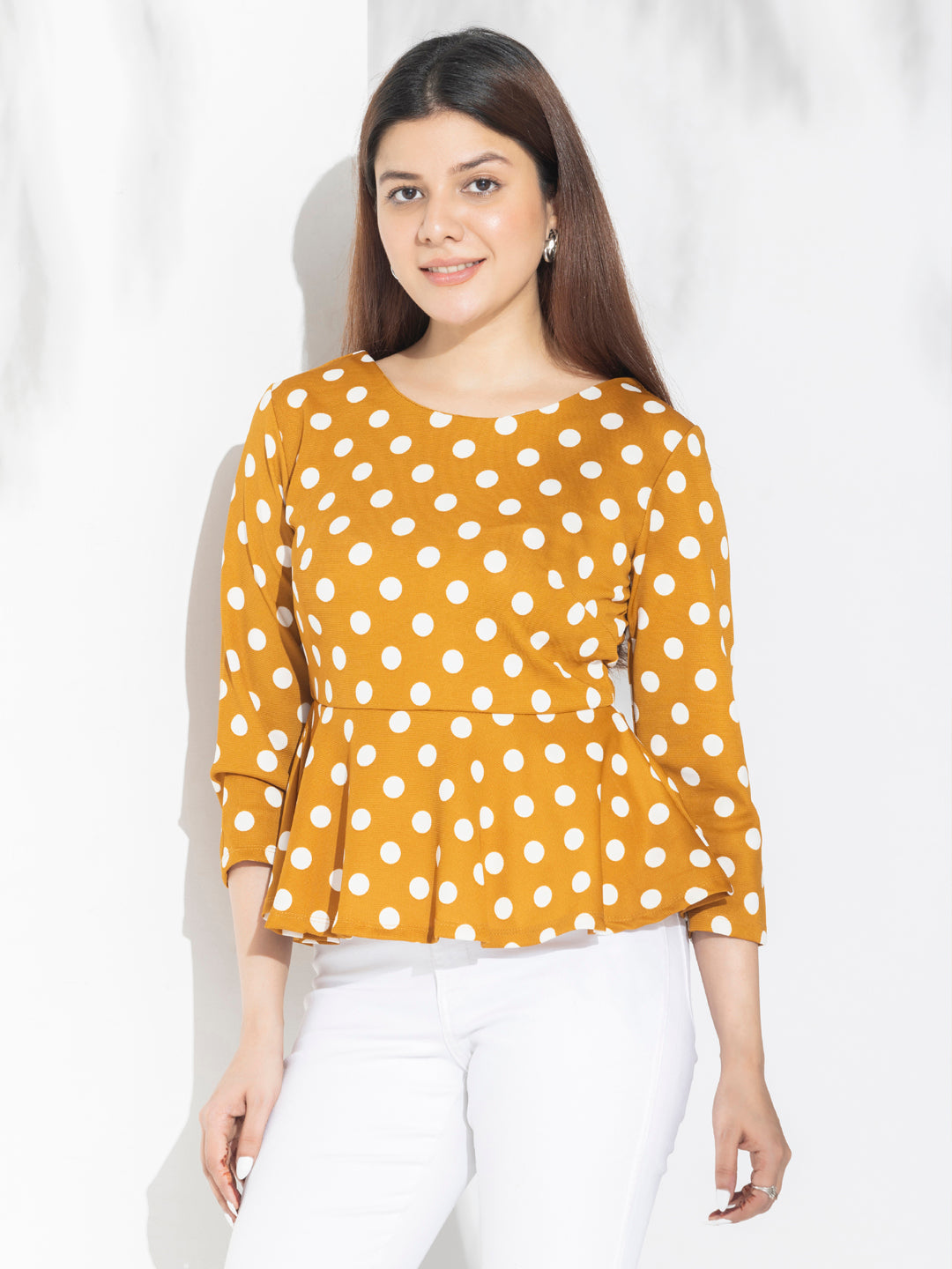 Yellow Polka Dots Peplum Top With Fashion Knot At Back