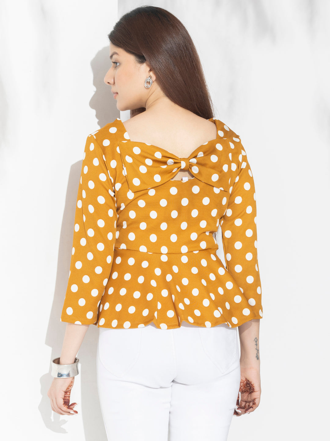 Yellow Polka Dots Peplum Top With Fashion Knot At Back