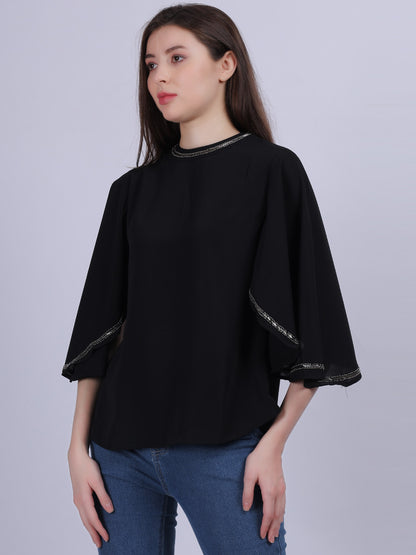 Basic Fashion Casual Top With Handwork On Neck & Sleeves