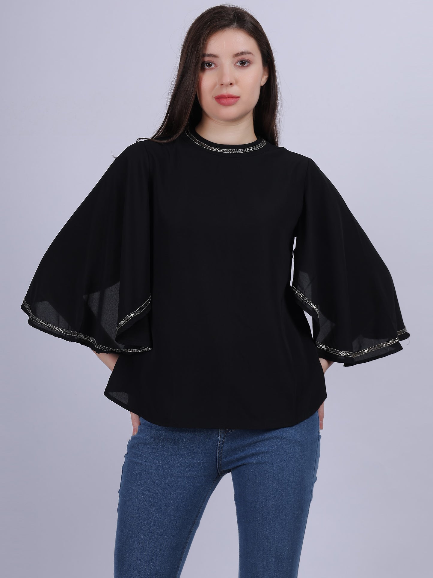 Basic Fashion Casual Top With Handwork On Neck & Sleeves