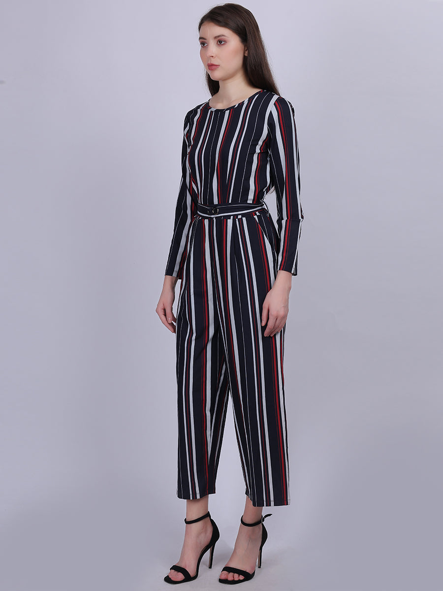 Stripe Print Fashion Jumpsuit With Belt