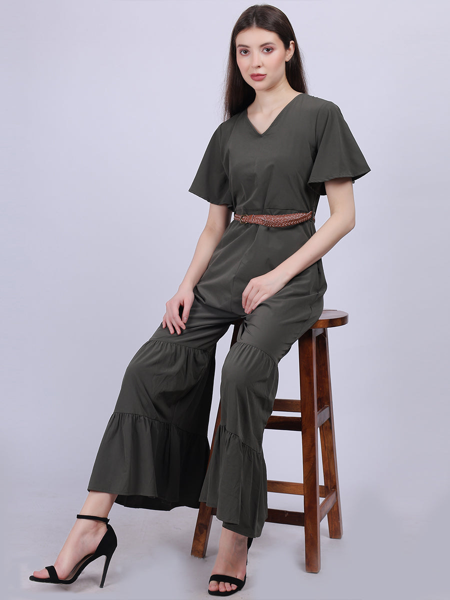 Solid Fashion Sharara Style Jumpsuit With Belt