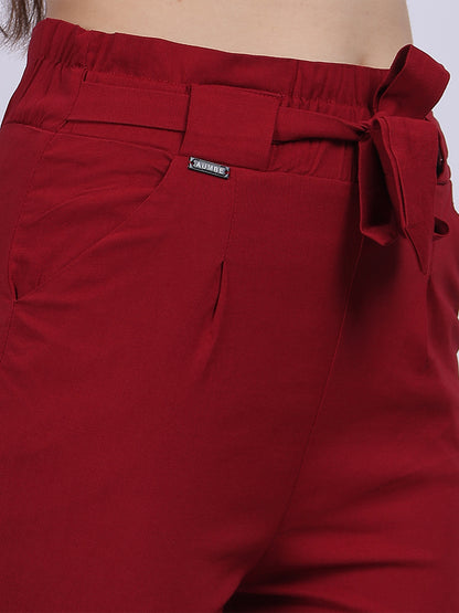 Maroon Solid Narrow Fit Trouser With Attached Fabric Belt