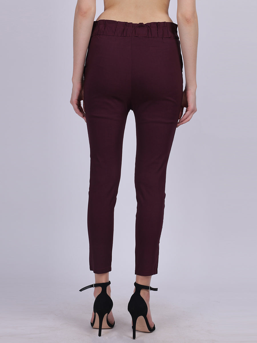 Wine Solid Narrow Fit Trouser With Attached Fabric Belt