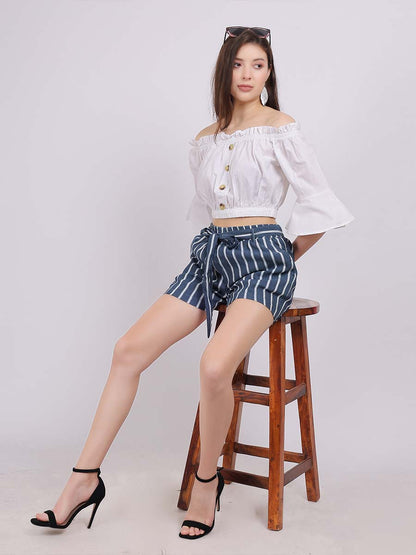 Off-Shoulder Fashion Co-ord Set With Denim Shorts