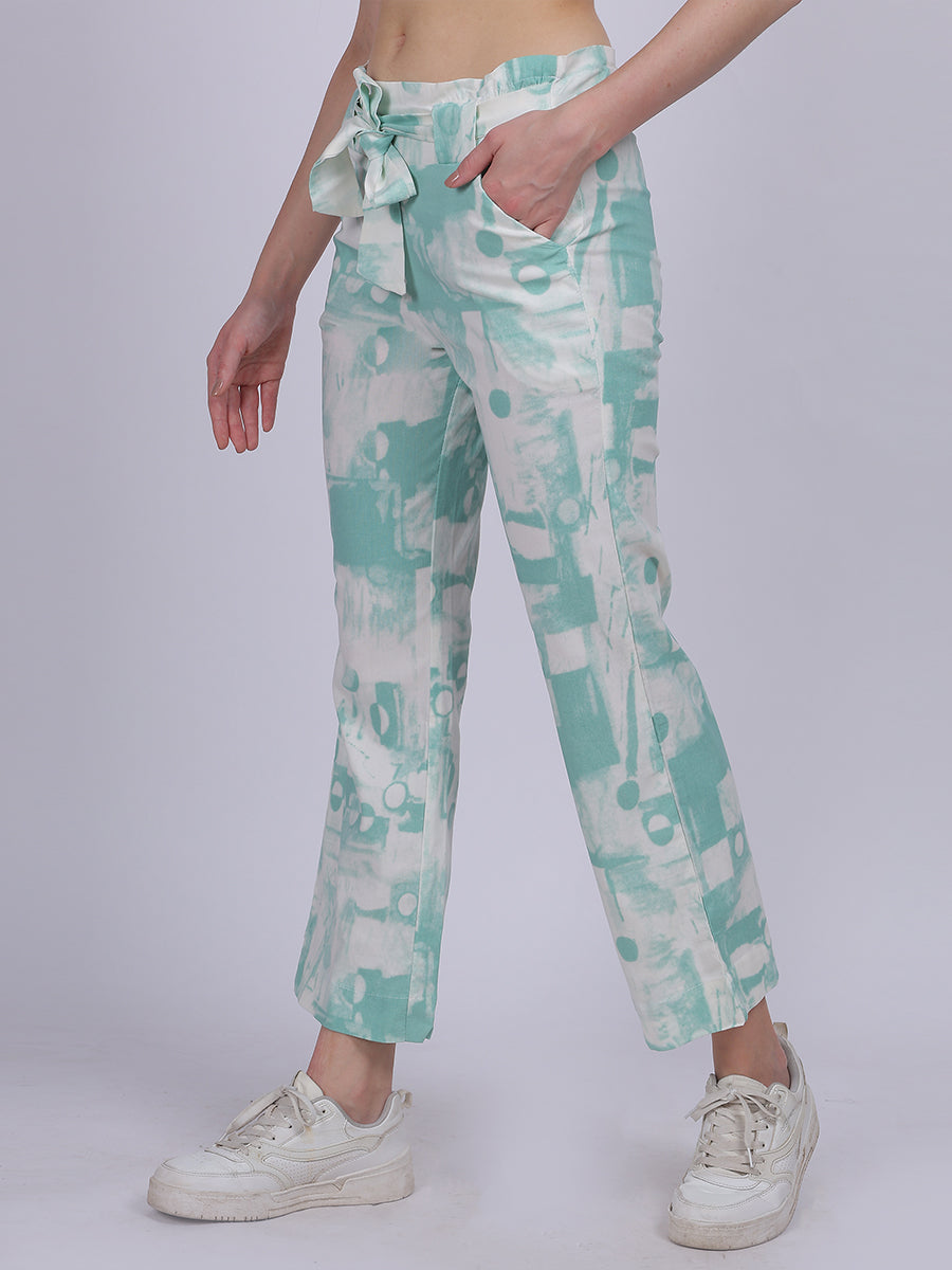 Sea Green Tye & Dye Cotton Spandex Fashion Straight Fit Pants