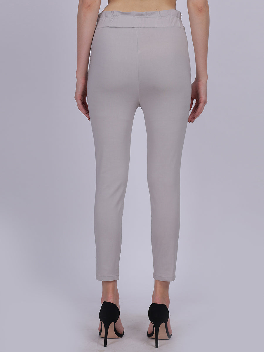 Light Grey Solid Narrow Fit Trouser With Attached Fabric Belt