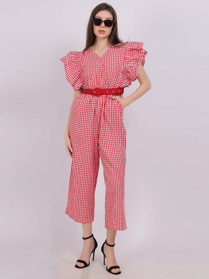 Cotton Checks Jumpsuit With Fashion Sleevess & Belt