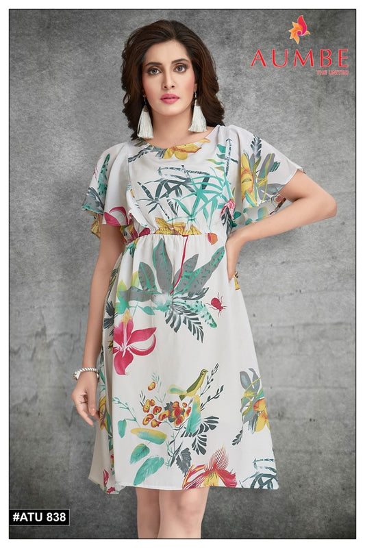 White Floral Print Kneelength Dress With Frilled Sleeve