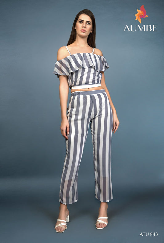 White And Grey Striped Fashion Co-Ord Set