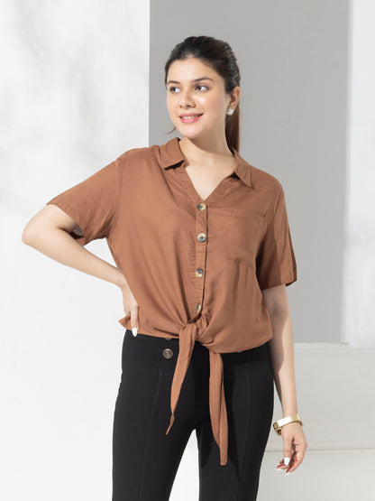 Plain Crop Shirt With Knot