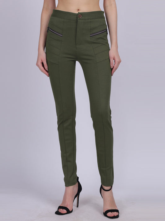 Olive Narrow Fit Stretchable Pleated Fashion Pants