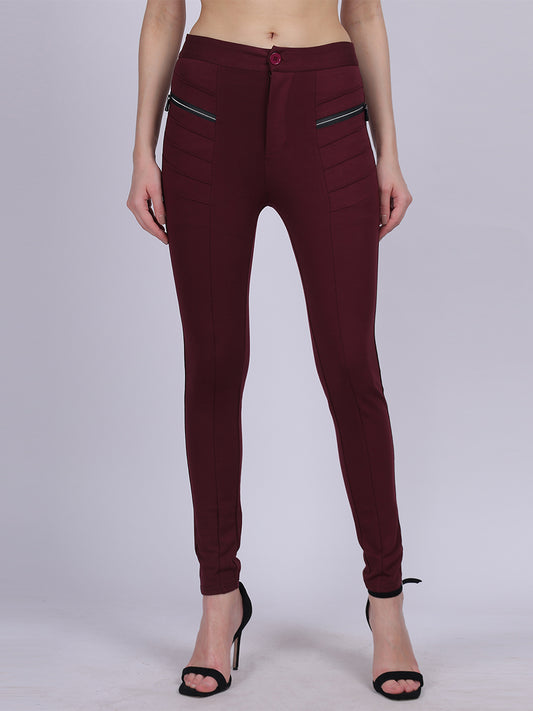 Wine Narrow Fit Stretchable Pleated Fashion Pants