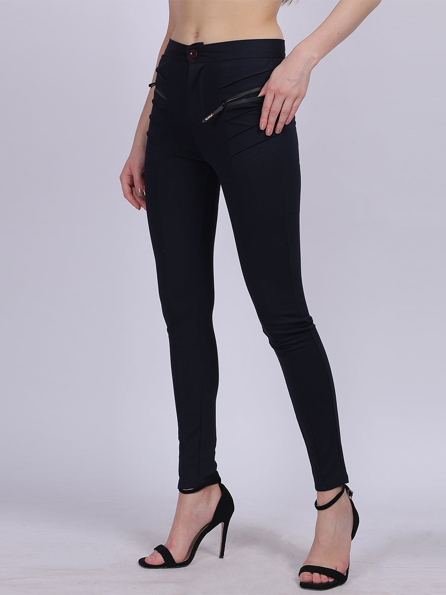 Navy Narrow Fit Stretchable Pleated Fashion Pants