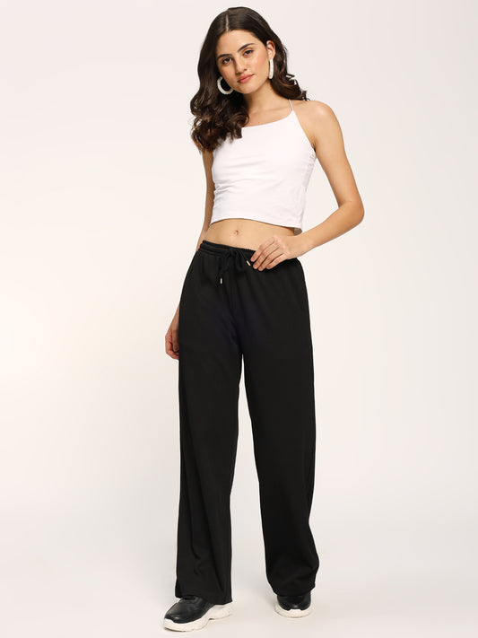 Black Textured Rib Straight Fit Fashion Pants