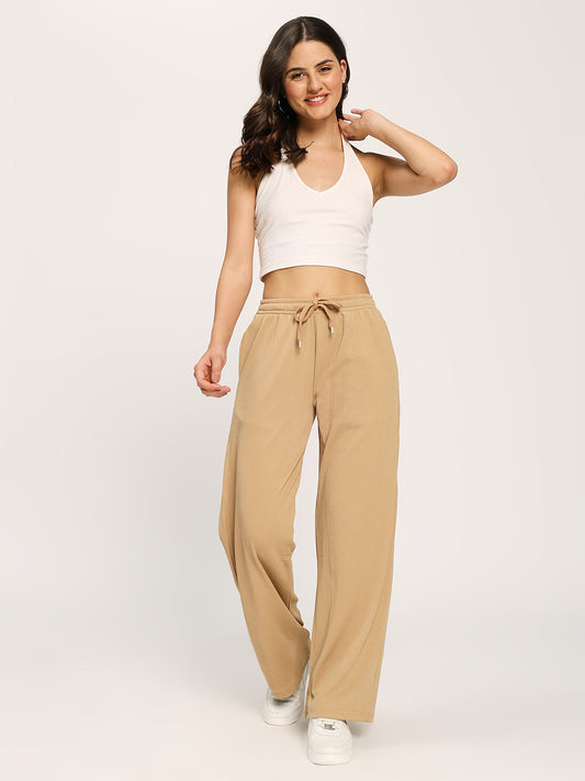 Beige Textured Rib Straight Fit Fashion Pants
