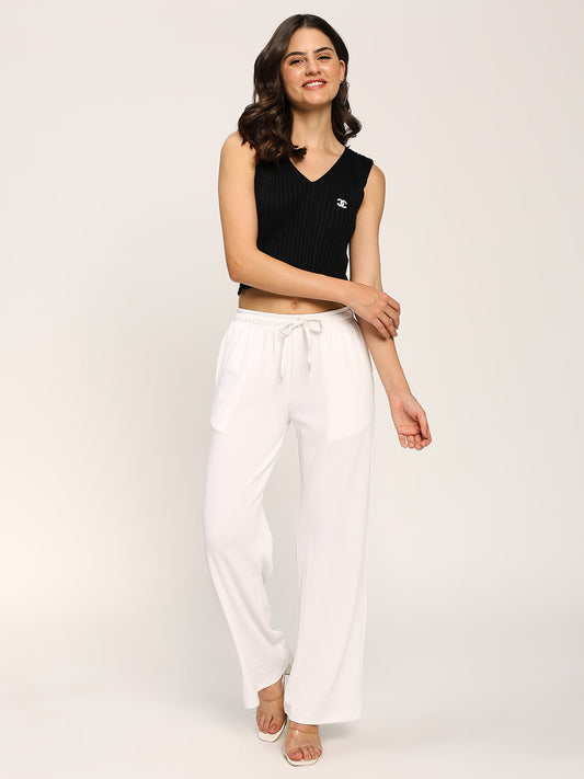 White Textured Rib Straight Fit Fashion Pants