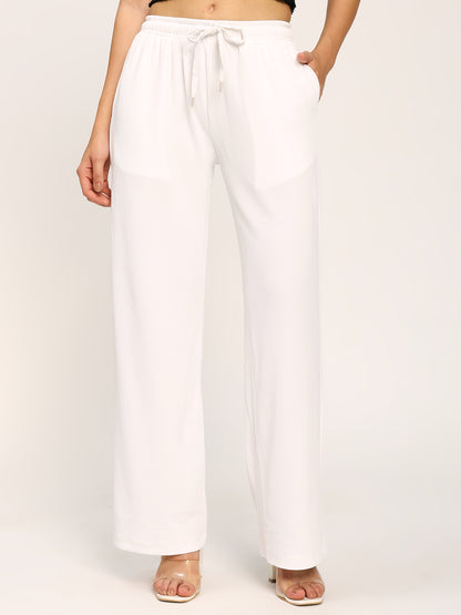 White Textured Rib Straight Fit Fashion Pants