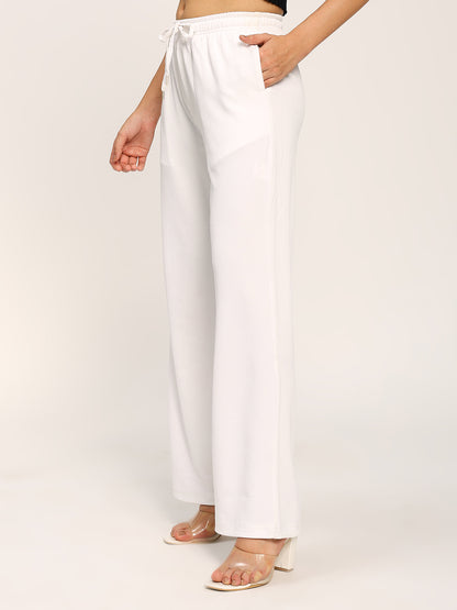 White Textured Rib Straight Fit Fashion Pants