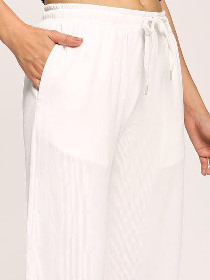 White Textured Rib Straight Fit Fashion Pants