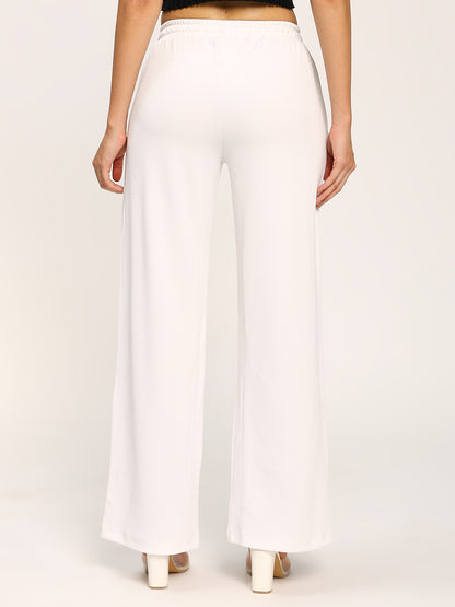 White Textured Rib Straight Fit Fashion Pants