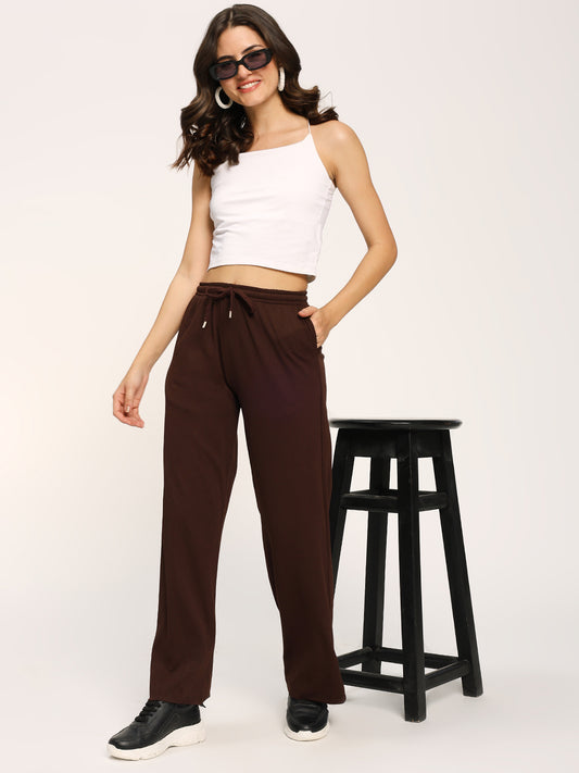 Coffee Textured Rib Straight Fit Fashion Pants