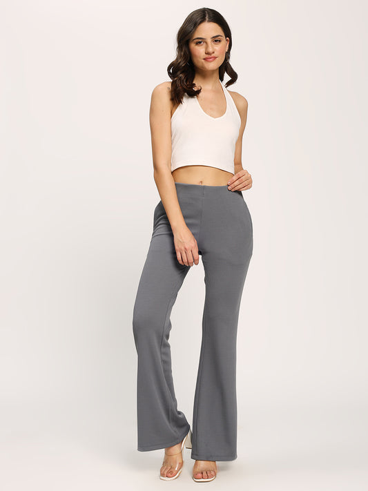 Grey Textured Rib Flare Fit Fashion Pants