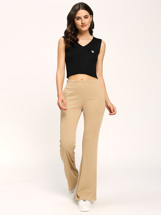Beige Textured Rib Flare Fit Fashion Pants