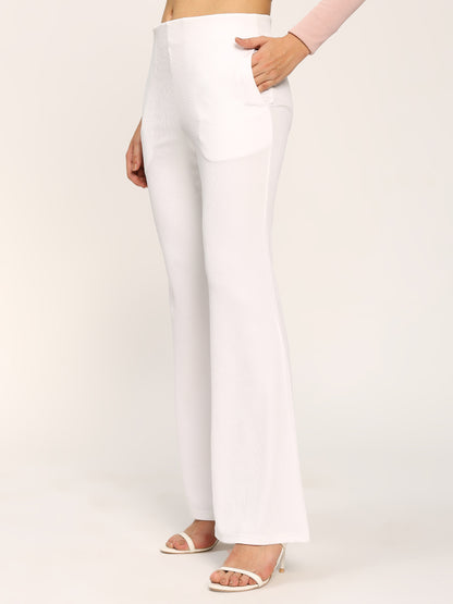 White Textured Rib Flare Fit Fashion Pants