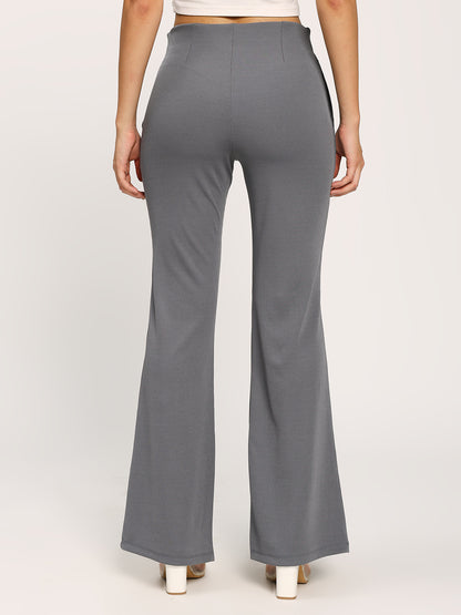 Grey Textured Rib Flare Fit Fashion Pants